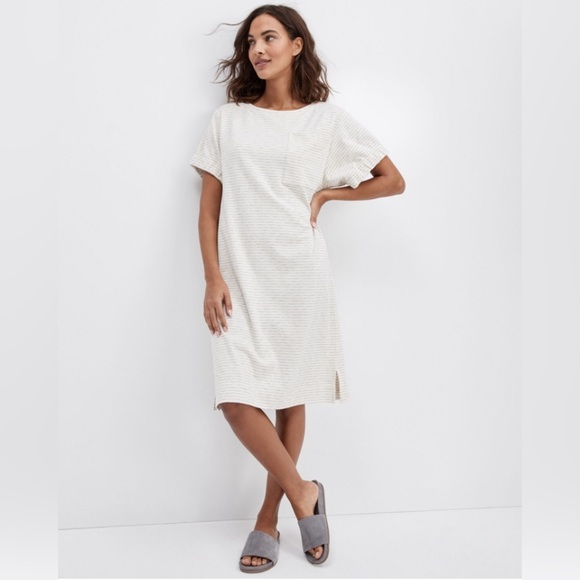 Haven well within Gathered Cuff Lounge Dress cream grey striped short sleeve med - Picture 1 of 9